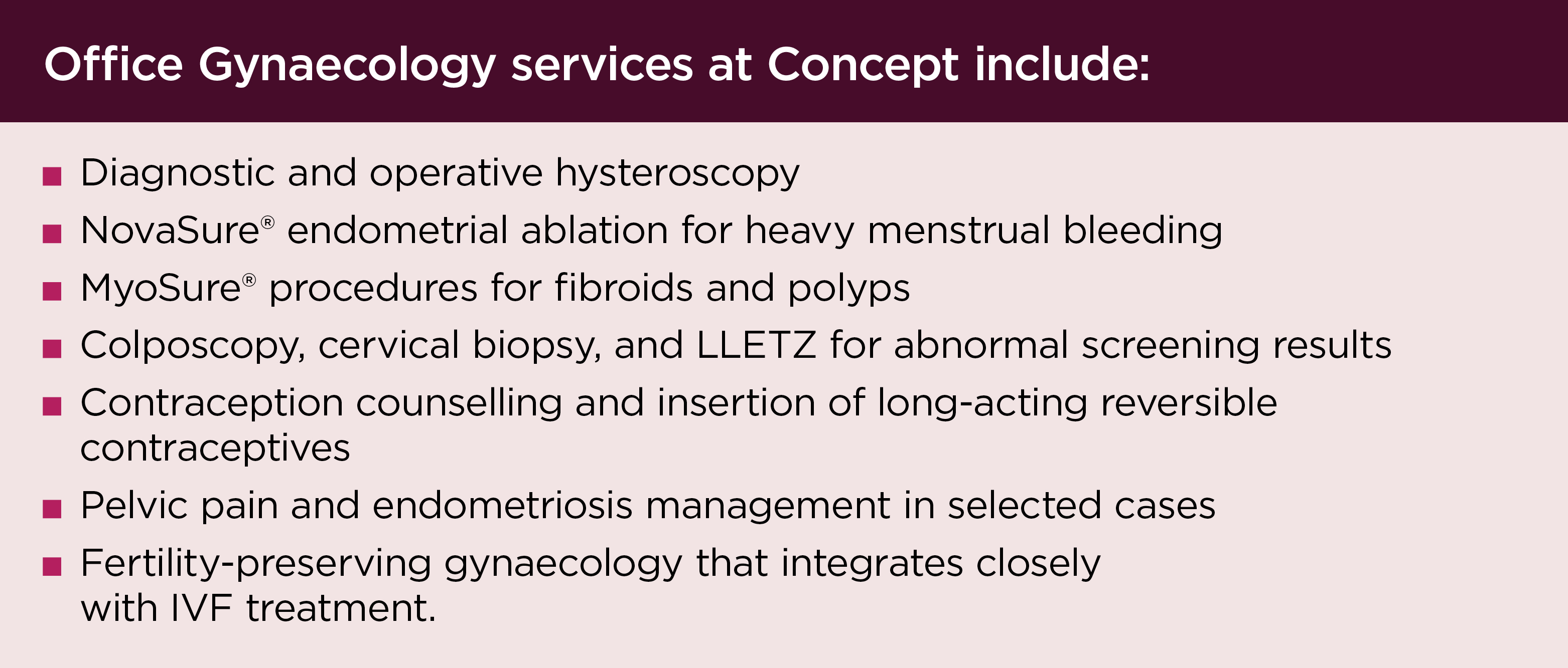 Office Gynaecology services at Concept include