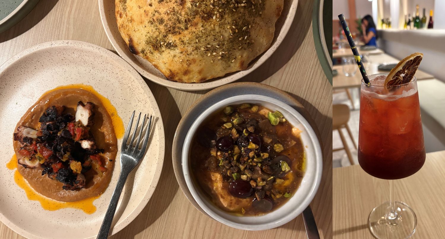 A composite image of Levantine food on share plates and a mocktail on a glass on a table in a restuarant.