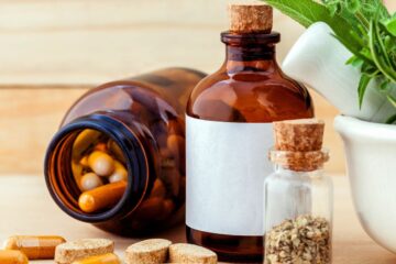 Containers of pills and capsules.