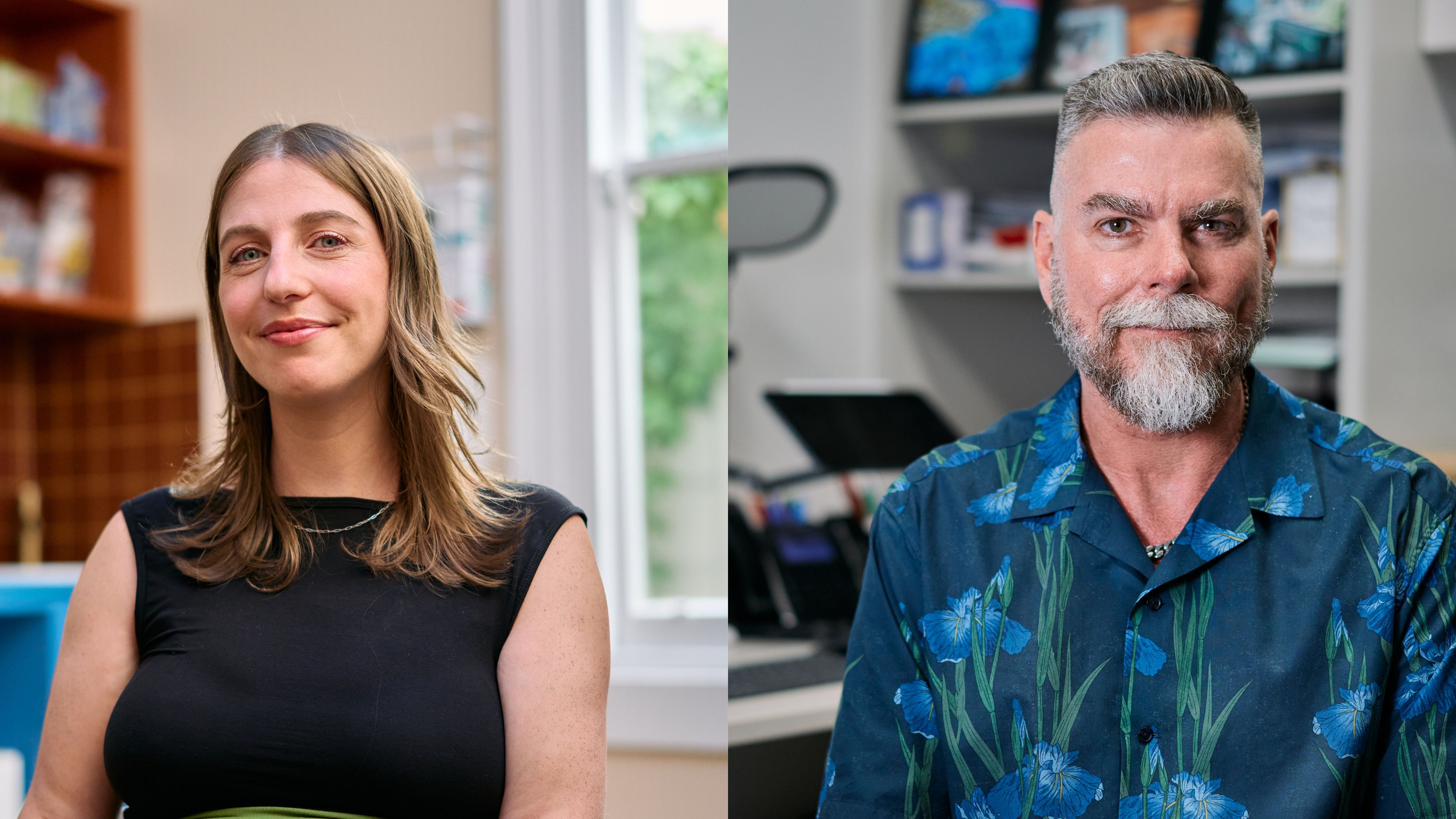Two separate images, a female doctor in her office and a male doctor in his office.